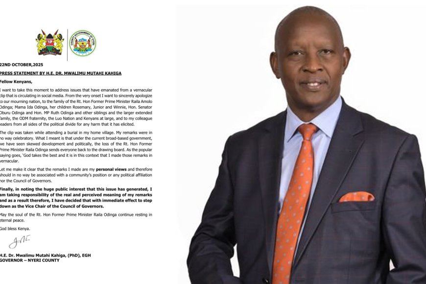 BREAKING: Nyeri Governor Mutahi Kahiga Steps Down as Vice Chair of Council of Governors After Controversial Remarks on Raila Odinga